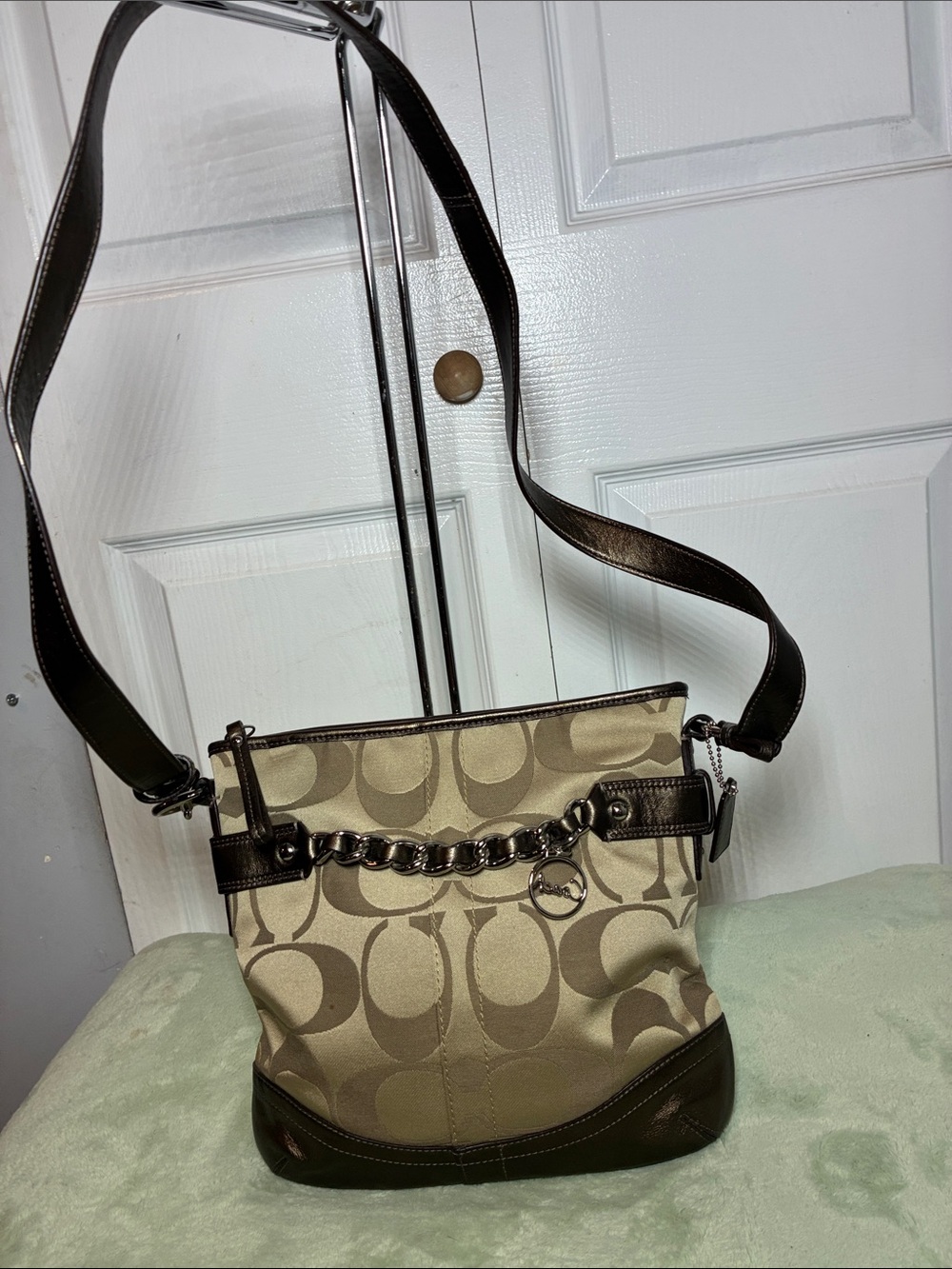 Coach Beige Signature Crossbody with Dark Brown Trim and Chain